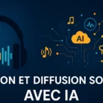 Illustration de la création sonore avec IA – Onde audio, casque, icônes numériques et logo Birdfly